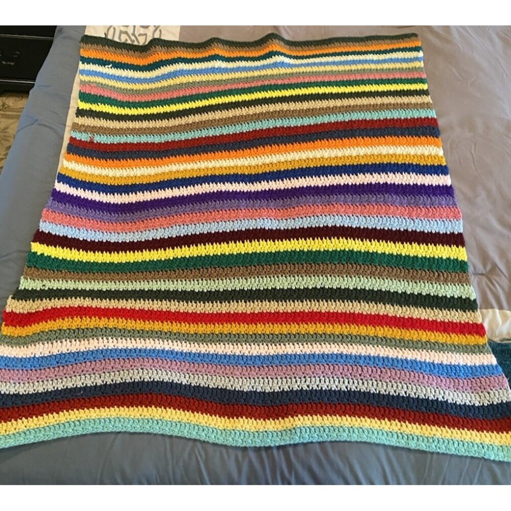 Handmade Crochet Blanket Knit Throw 38x49 Red Green Blue Granny Grandma Vintage - Picture 5 of 6